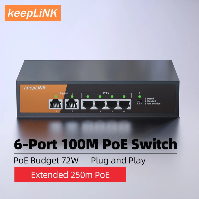 KeepLiNK 6-Port Megabit Switch mit 4-PoE-Port und 2-Port Ethernet RJ45 Uplink Image