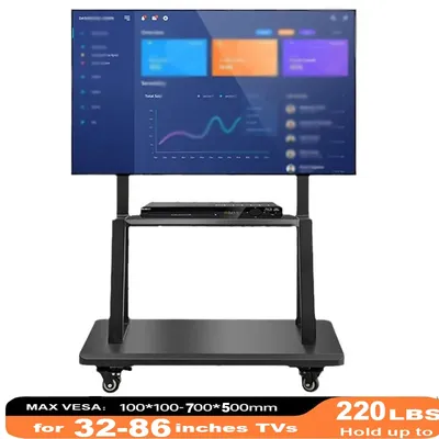 Mobiler TV-Ständer für 32–86 Zoll Fernseher, neigbarer TV-Wagen, fasst bis zu 220 Pfund, tragbarer Ständer mit Ablagefach, rollender Boden, VESA 700 x 500 mm