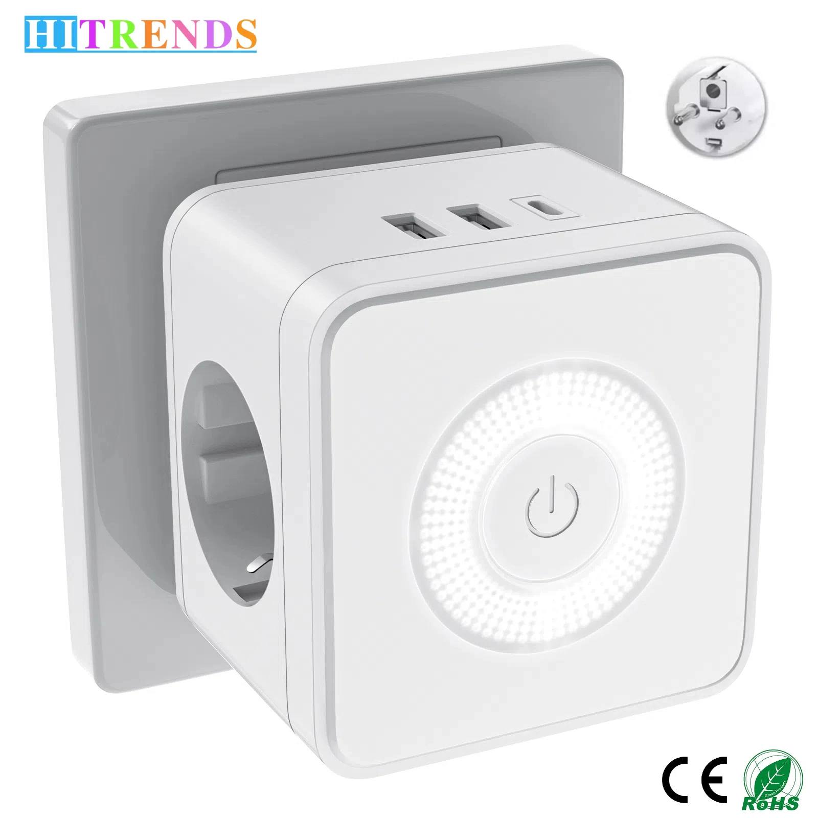 EU-Stecker Multifunktions-Steckdosenleiste 2 AC-Steckdosen 2 USB- und 1 Typ-C-Ladeanschluss Netzteil mit einstellbarem Nachtlicht Image