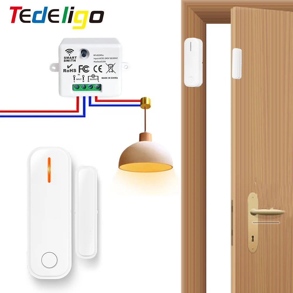433 Mhz Fenster Tür Öffnung Sensor Schalter Drahtlose Licht Sensor AC 110 V 220 V Relais Empfänger für Licht, Dunstabzugshaube, Abluftventilator Image