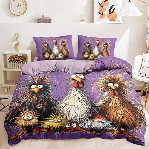 Lustiges Bettbezug-Set mit Hahn, 100 % Baumwolle, weiches und bequemes Bettwäsche-Set mit lustigem Hahn-Aufdruck, gemütlich und stilvoll, perfekt als Schlafzimmer-Dekor, pflegeleicht und maschinenwaschbar Image