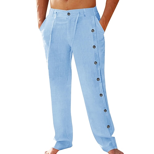 Herren Leinenhosen Hose Sommerhose Strandhose Kordelzug Seitenknopf Gerader Schnitt Einfach Komfort Atmungsaktiv Volle Länge Outdoor Täglich Ferien Mode Klassicher Stil Schwarz Weiß Image
