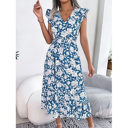 Damen Midikleid Casual kleid A Linie Kleid Tank-Top Kleid Stilvoll Brautkleider schlicht Urlaub Täglich Regular Fit Blumen Ärmellos V Ausschnitt Hellgrün Dunkelblau Sommer Frühling Image