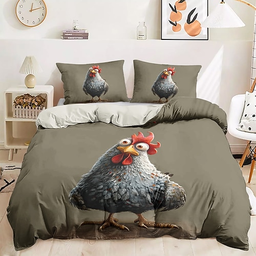 Bettbezug-Set mit lustigem Hahn-Aufdruck, 100 % Baumwolle, weicher und atmungsaktiver Stoff, inklusive Bettbezug und Kissenbezügen, hypoallergen und hautfreundlich, maschinenwaschbar, langlebig, bequem Image