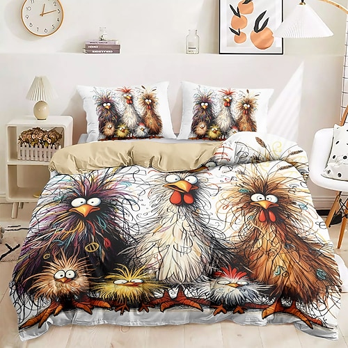 Lustiges Bettbezug-Set mit Hahn, 100 % Baumwolle, weiches und bequemes Bettwäsche-Set mit lustigem Hahn-Aufdruck, gemütlich und stilvoll, perfekt als Schlafzimmer-Dekor, pflegeleicht und maschinenwaschbar Image