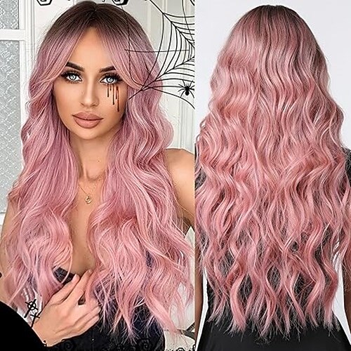 Perücken für Frauen, lange, gewellte Perücken mit dickem Pony, lockiges Haar, synthetische Welle, hitzebeständige Faser, für den täglichen Gebrauch auf Partys Image