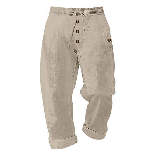 Herren Leinenhose Hose Hosen Sommerhosen Strandhose Knopf Kordelzug Elastische Taille Glatt Komfort Atmungsaktiv In voller Länge Casual Täglich Festtage Modisch Klassicher Stil Schwarz Weiß Image