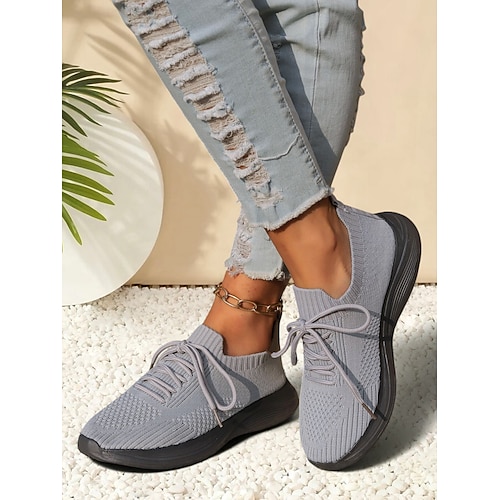 weiße, leichte Strick-Schnürsneaker für Damen – atmungsaktive Sportschuhe zum Laufen, Gehen und für den Komfort im Alltag Image