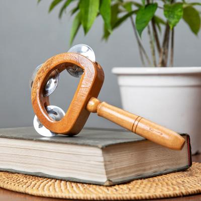 Joyous Rhythm,'Carved Teak Wood and Stainless Steel Tambourine with Handle'