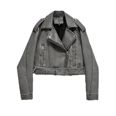 Women Autumn Winter Loose Gray PU Faux Leather Short Jackets Belt Female High Street Zipper Retro Moto Biker Coats Outwear XS-XL