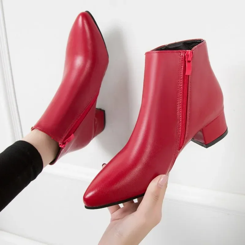 2026 New Style Fashion Women's Boots Casual Leather High Heels Spring Women's Shoes Pointed Toe Side Zipper Office High Heels 42