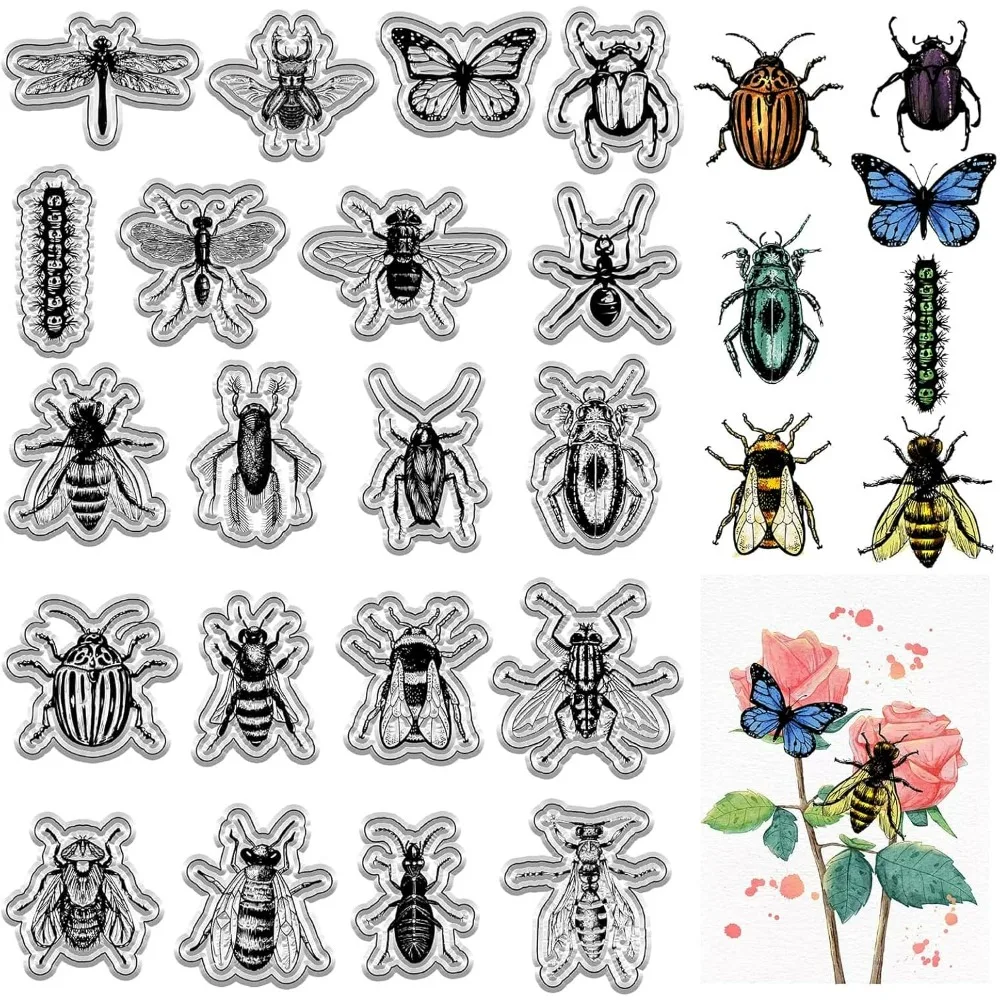 Insekten transparente Gummistempel Tier Schmetterlinge Libellen Vintage transparente Silikonstempel Siegel für die Kartenherstellung Hintergrund Image