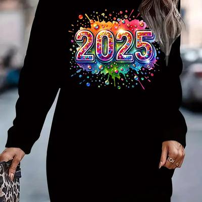 TEMU 1pc Women's Plus Size Casual Long Sleeve Round Neck Sweatshirt Dress, Polyester Knit Fabric With 2025 Letter Print, Loose Fit Pullover For Autumn/winter Image