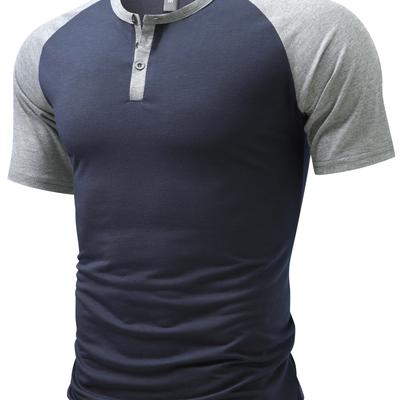TEMU Color Block Men's Raglan Short Sleeve Breathable Comfy Sports Henley Tee, Summer Outdoor Image
