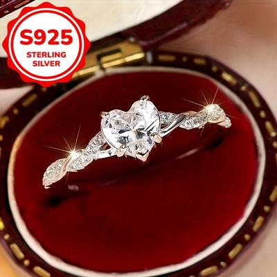 TEMU Elegant 925 Sterling Silvery Love Heart & Cubic Zirconia Twisted Ring - Engagement, Wedding Anniversary, Or Promise Gift Image