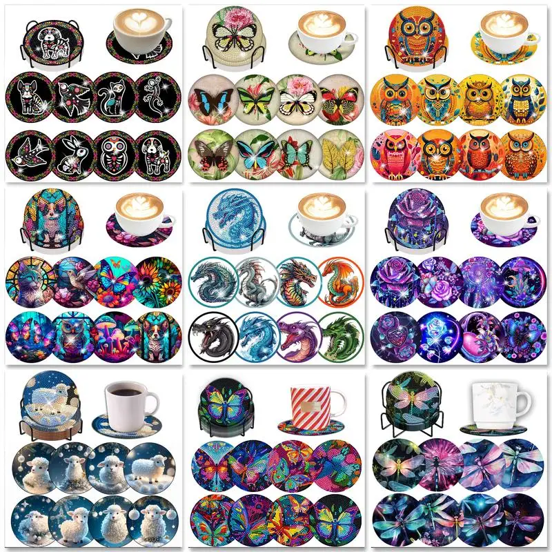 GatyzQuantité-Dessous de verre en diamant pour la décoration intérieure, napperon de table bricolage, peinture animale, art de la mosaïque, clics, tasse, coussin, cadeau de Noël, 8 pièces