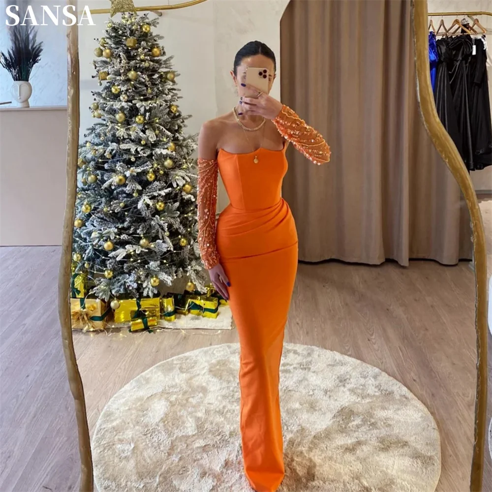 Sansa formelle Orange a-ligne Satin robe de soirée hors de l'épaule perles manches robes de mariée longueur au sol vestidos de fiesta