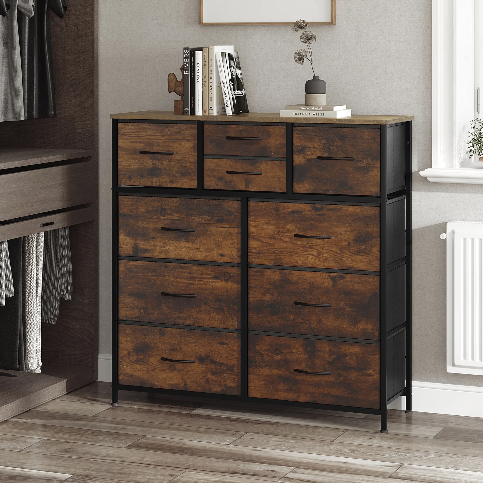 Kommode aus Stoff, Sideboard, Metallrahmen, Wohnzimmerkommode, industrieller Stil, Aufbewahrung für Schlafzimmer, Flur, Schrank, Zuhause Image
