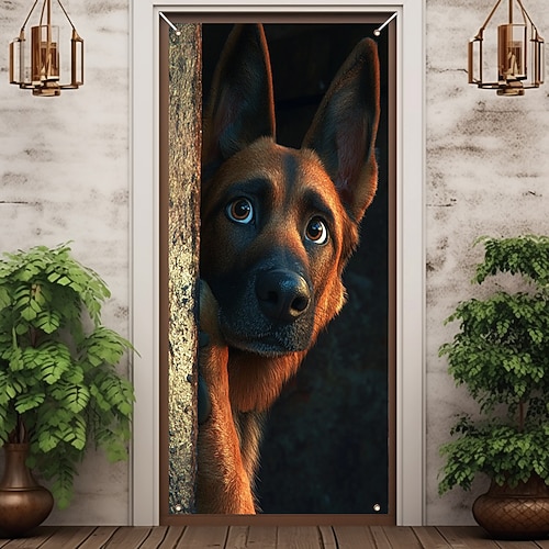 süße Hunde Türdekorationen Türabdeckungen Tier verstecken und suchen Tür Gobelin Türvorhang Dekoration Hintergrund Indoor/Outdoor Tür Banner für Haustür Bauernhaus Image