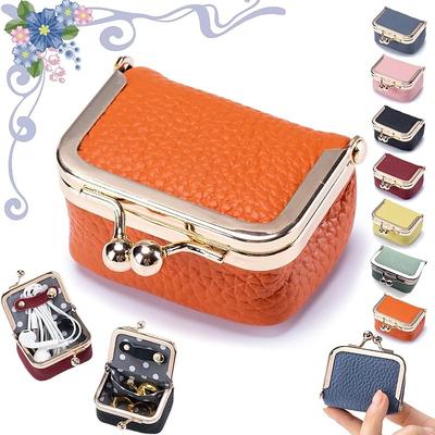 Genuine Leather Mini Jewelry Box, Portable Vintage-inspired Genuine Leather Coin Purse Jewelry Case with Kiss Lock, Mini Travel Ring Box for Women for Earring/Ring/Necklace/Bracelet