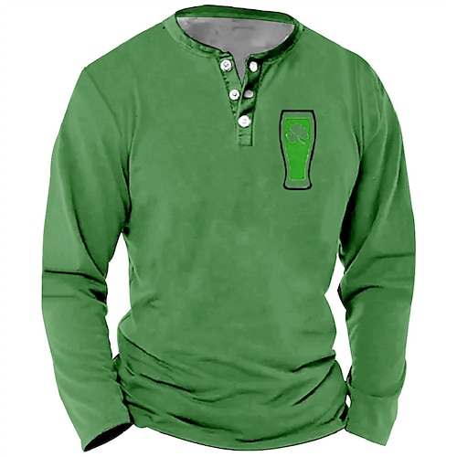 Herren St. Patrick's Day T-Shirt T-Shirt Henley Shirt Tee Langarm Henley Frühling Herbst Shamrock Mode Designer Basic Knöpfe Urlaub Ausgehen St. Patrick's Day Weiß Grün Grau Top Tee für Herren Image