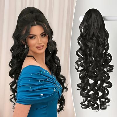 "TEMU Elegant 22" Black Claw Clip Ponytail Extension - Heat-resistant Synthetic Hair, , Women' Use, Ponytail Hair Extensions" Image