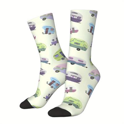 TEMU Vehicle Car Pattern Men's Mid-calf Crew Socks, Breathable Comfy Casual Socks Sweat-absorbing Fashion Sports Socks For Basketball Running Image