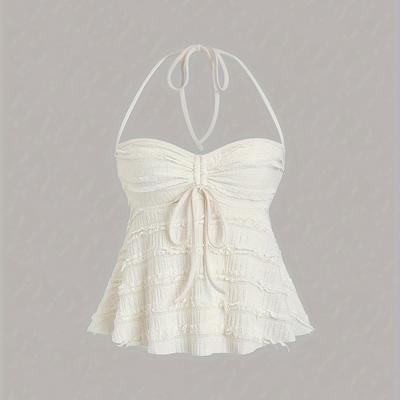 TEMU Elegant Off-shoulder Ruched Halter Top - Y2k Inspired, Tie-front Backless Design In Solid Color, Polyester, Machine Washable - Women's Sleeveless With Hem Image