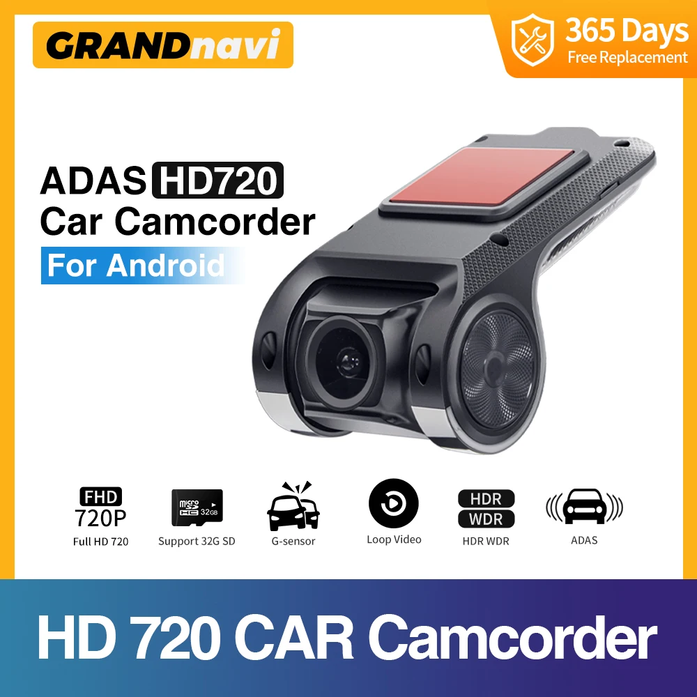 Caméra embarquée Grandnavi HD DVR ADAS 720P avec enregistreur vidéo USB, carte TF 16G/32G, lecteur multimédia automobile Android, lecteur DVD, alarme vocale