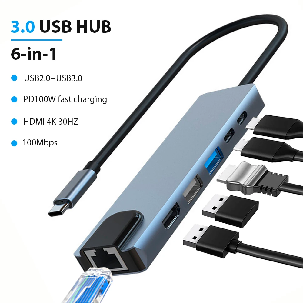 Hub USB Typ C 6-in-1-Laptop-Dockingstation mit mehreren Schnittstellen, unterstützt 65 W umgekehrtes Laden von Laptops, universelle USB-Schnittstelle 4K 30 Hz Image