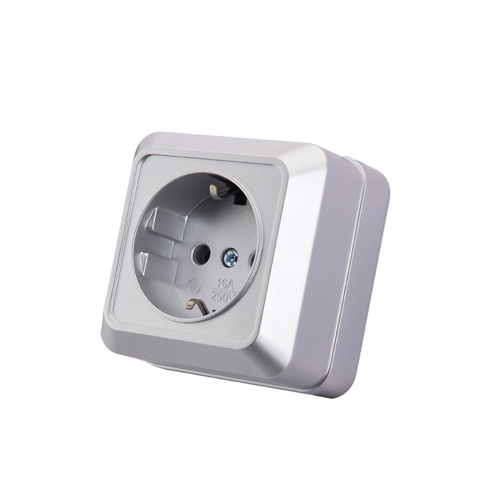 WESA Silberne Steckdose für den Außenbereich, Steckdosen mit Erdung, Außenwandoberfläche, Steckdose, Stecker, flammhemmende Farbe, Kunststoff Image
