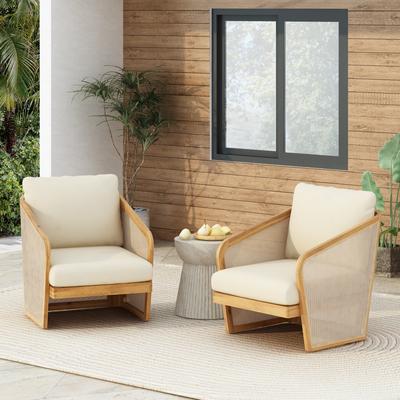 Lenrn Wood Textilene Club Chair with Acacia Frame and Water-Resistant Cushions by Christopher Knight Home