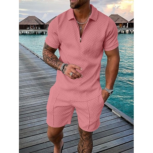 Homme Polo à fermeture éclair Té Ensemble Ensemble de survêtement d'été 2 pièces Ensemble Short Manche Courte Col Polo Occasionnel Zip Up Occasionnel Quotidien Citron Rose Dragée Noir T-shirt haut de