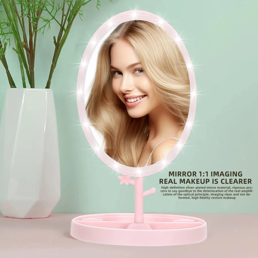 LED-Make-up-Spiegel mit Licht, Lampe mit Stauraum, drehbarer Kosmetikspiegel für den Schreibtisch, verstellbare Dimmung, USB-Kosmetikspiegel