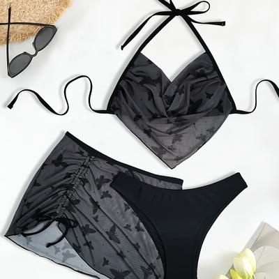 TEMU Solid Color Applique 3pcs Swimsuit, Triangle Neckband, Women Fashion Swimsuit And Clothing Image