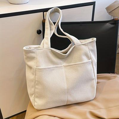TEMU Spacious Corduroy Tote Bag For Women - Casual White Shoulder Handbag With Large Capacity Image