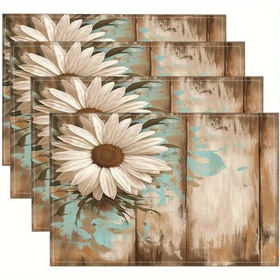 TEMU Set Of 2/4 Daisy Floral Wooden Board Printed Placemats For Home Kitchen / Heat-resistant Table Mats For Surface Protection / Decorative For Kitchen Dining Table Party Scenes