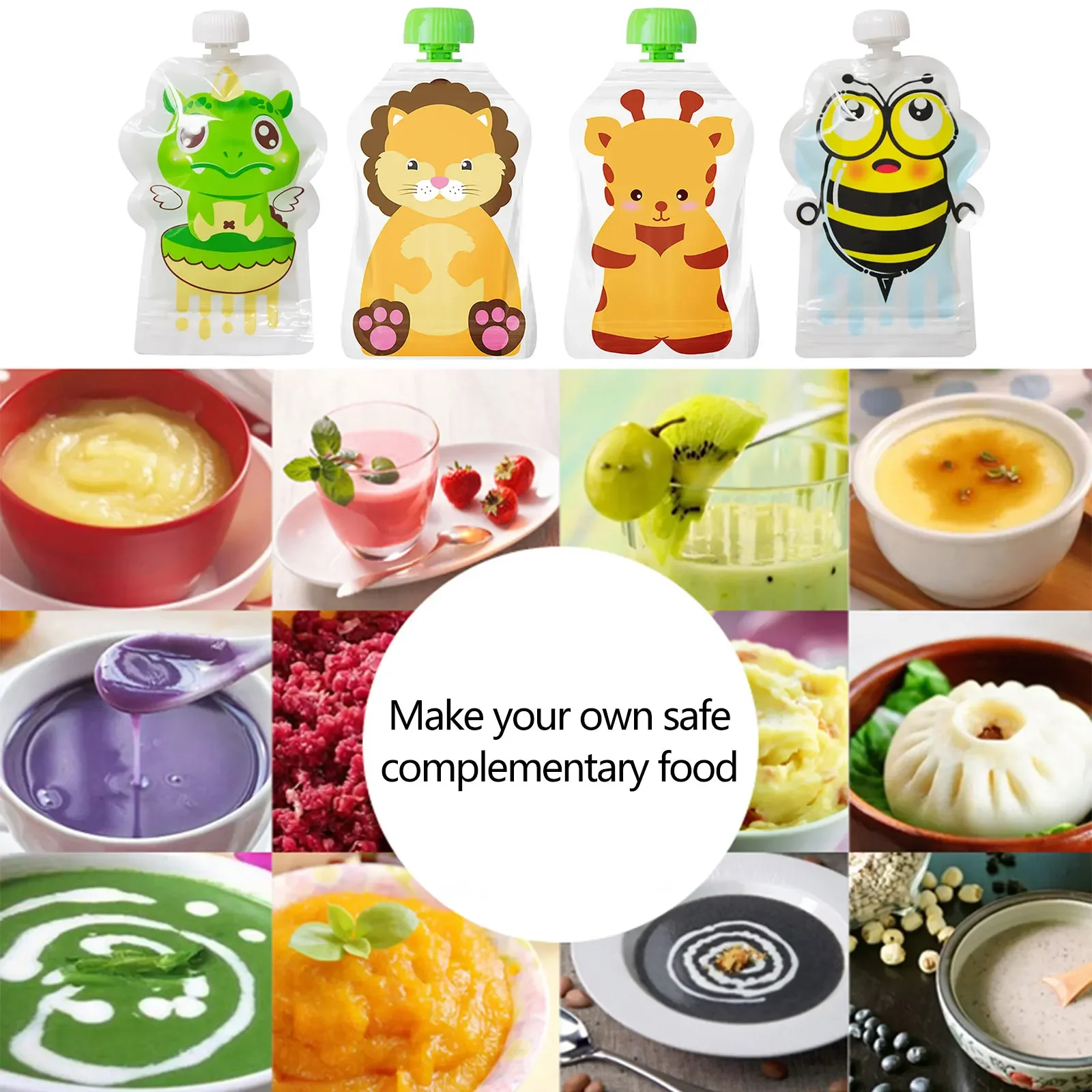 Sac de conservation des aliments réutilisable de 148ml, 4 pièces, bouteille à presser pour aliments supplémentaires pour tout-petits, couvercle à vis rechargeable aléatoire scellé pour l'extérieur