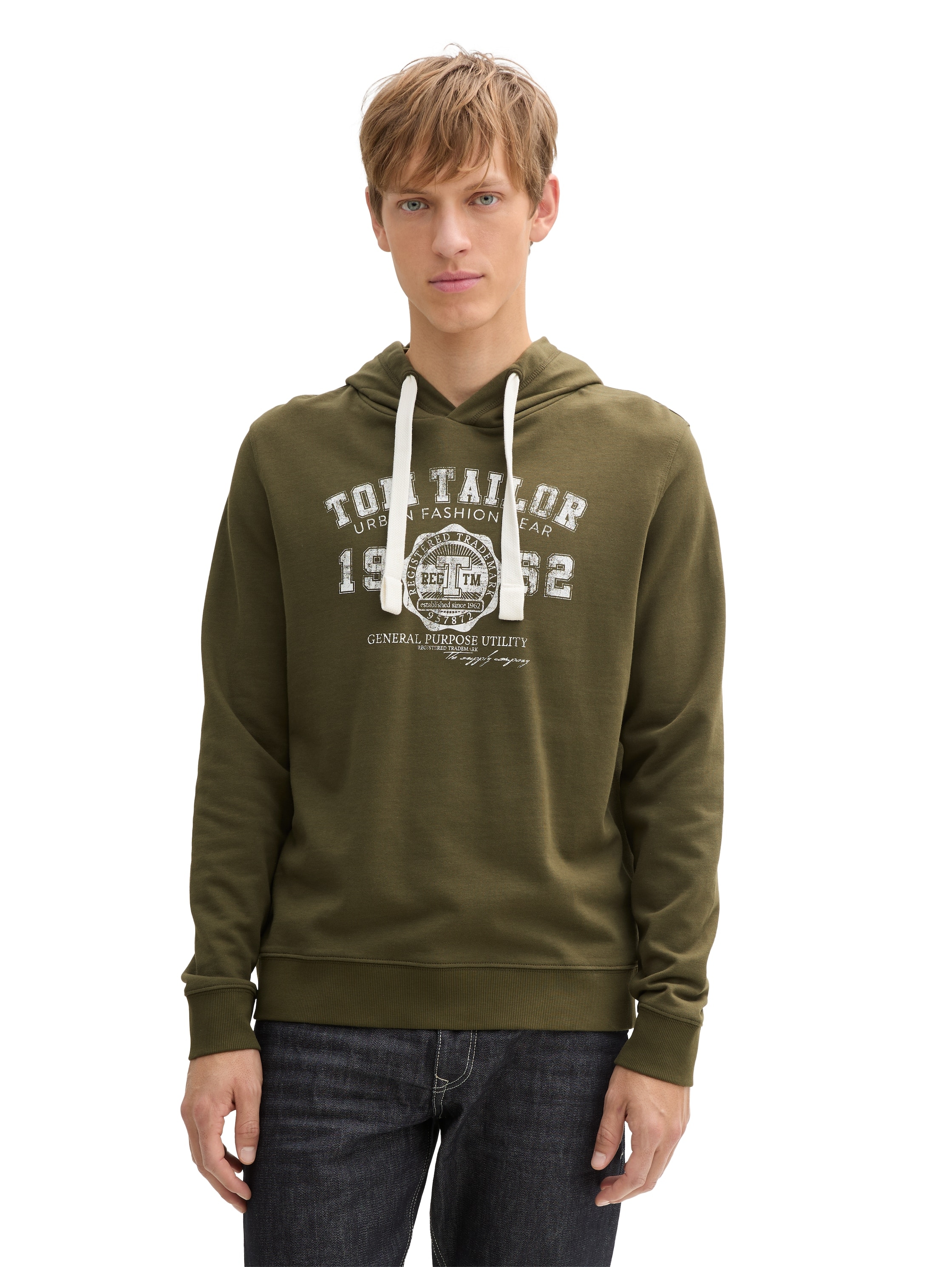 Hoodie TOM TAILOR, Herren, Gr. L, schwarz (schwarz olive), Obermaterial: 100% Baumwolle, bedruckt, regular fit taillenbedeckt, ohne Ausschnitt, Rippbündchen, Sweatshirts Hoodie, mit Logo Print