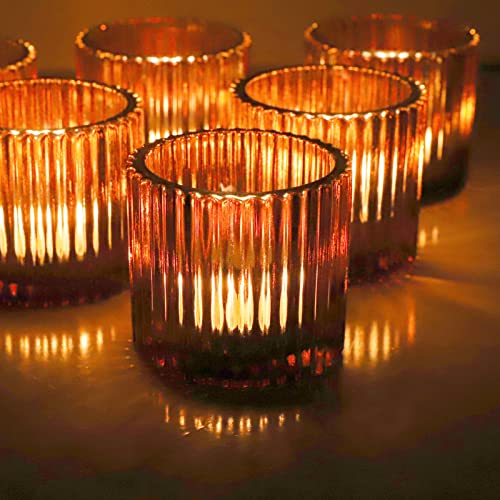 VOHO Votive Candle Holders for Wedding Candles, Amber Glass Candle Holder Set of 6, Tealight Candle Holder Bulk for Wedding Decor, Table Centerpiece, Birthday Party