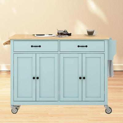 Kitchen Island Cart with Solid Wood Top, 4 Door Cabinet, 2 Drawers, Spice & Towel Rack, Locking Wheels, 54.3