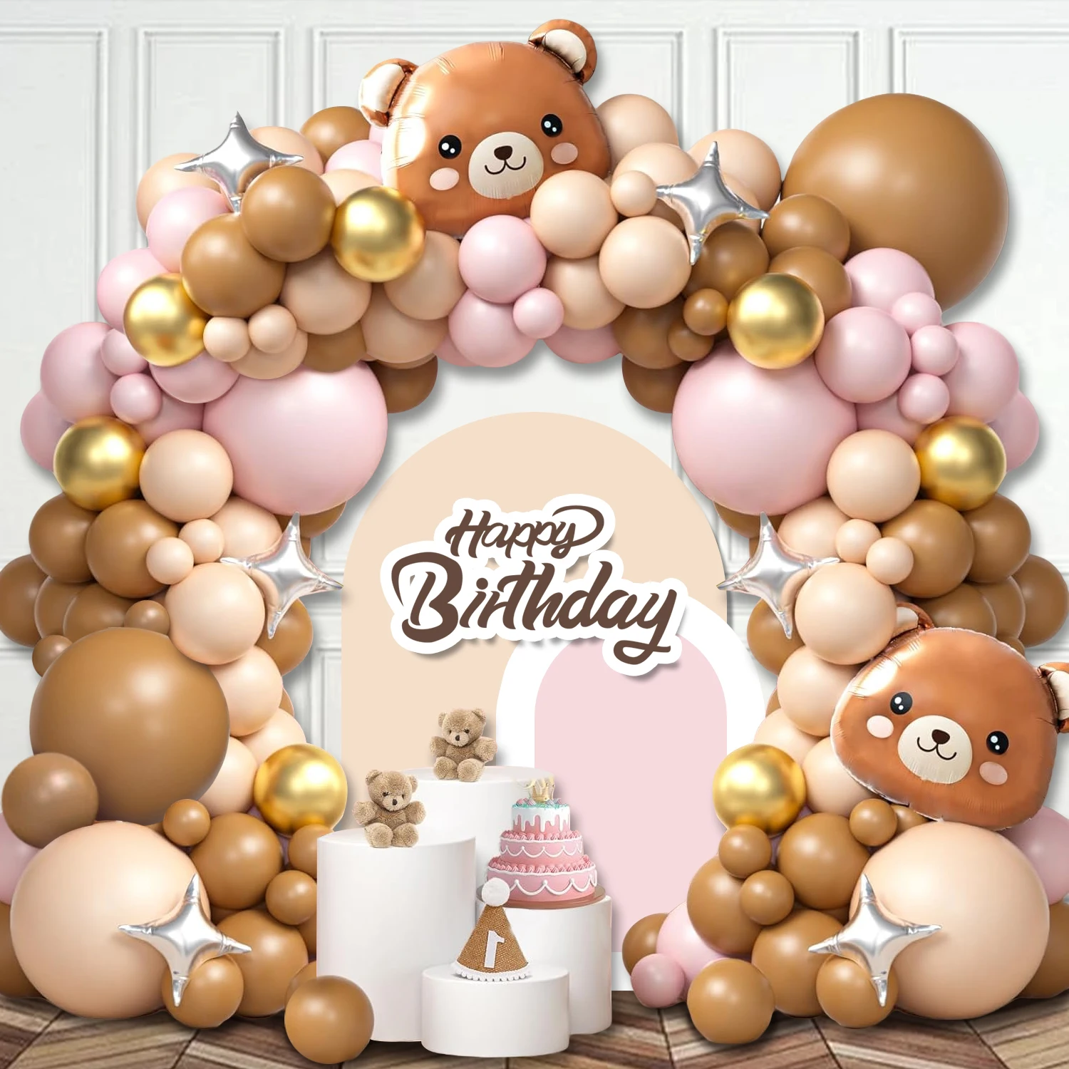 116 Stück rosa brauner nackter Ballon mit Bär, vierzackiger Stern, Aluminiumfolienballon, Geburtstagsdekoration, Bär, Partyzubehör Image
