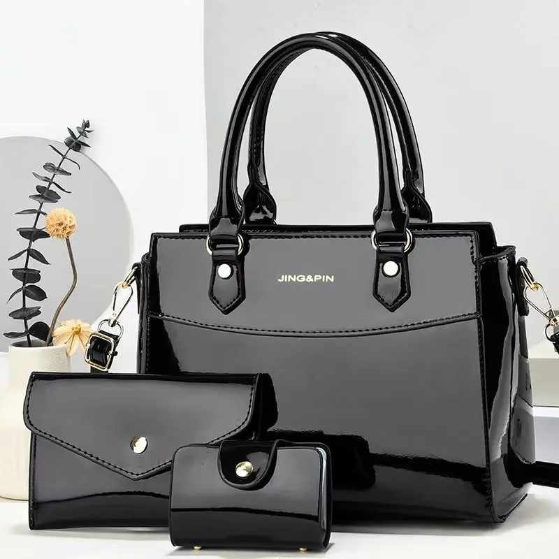 3 teile/satz Glänzendes Leder frauen Tasche Umhängetasche Designer Handtasche Geldbörse Schulter Tasche Reise Shopper Totes sac à mains femme Image