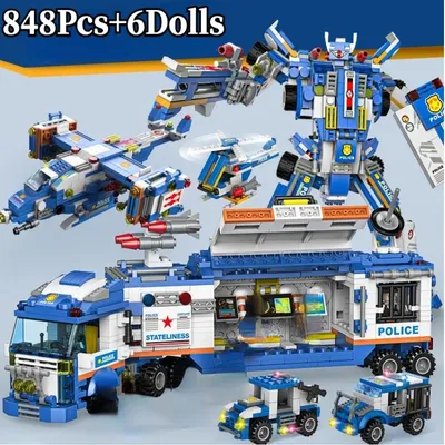 848Pcs City Patrol Polizei Befehl Lkw Bausteine Polizist Roboter Auto Hubschrauber Modell Ziegel Image