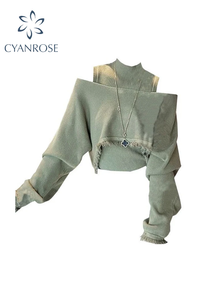 Women Green Pullover Knitted Sweater Harajuku Y2k Long Sleeves O-Neck Sweater Jumper Vintage 2000s 90s Aesthetic Clothes Autumn