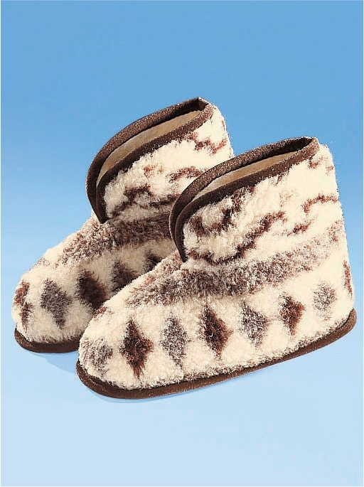 Hausschuh, Damen, Gr. 38/39, braun (braun, gemustert), Textil, Schuhe Plüsch Hausschuh Hüttenschuh
