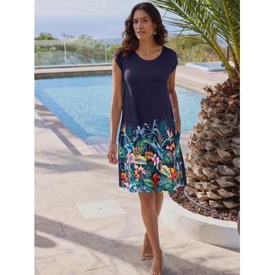 Sommerkleid FEEL GOOD "Sommerkleid", Damen, Gr. 44/46, Normalgrößen, bunt (marine, orange, bedruckt), 95% Viskose, 5% Elasthan, geblümt, gemustert, mehrfarbig, kurz, Rundhals, Kleider Image