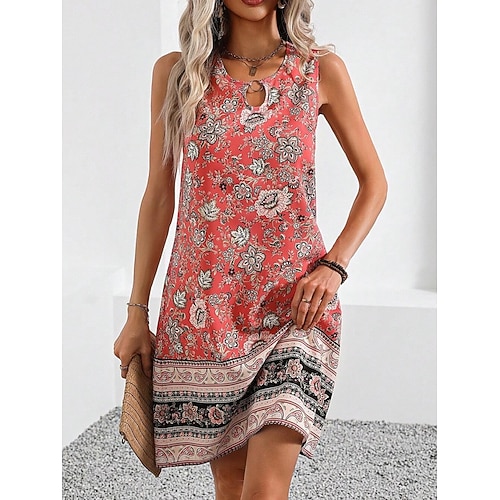 Damen Minikleid Casual kleid Boho Chic Kleider Tank-Top Kleid Boho-Kleid Böhmen Brautkleider schlicht Boho Urlaub Täglich Strand Lockere Passform Blumen Ärmellos Rundhalsausschnitt Rote Beige Sommer Image