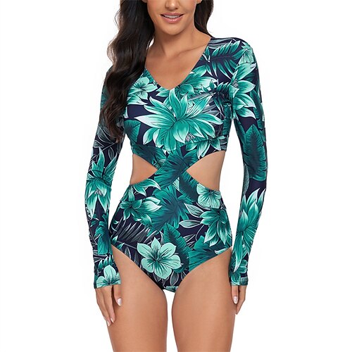 Damen Anti UV Shirt Badeanzug Bademode Blumenmuster Bedruckt Ausschnitt UV-Sonnenschutz Schnelltrocknend Leicht Langarm Bodysuit Badeanzug Surfen Strand Wassersport Sommer Image