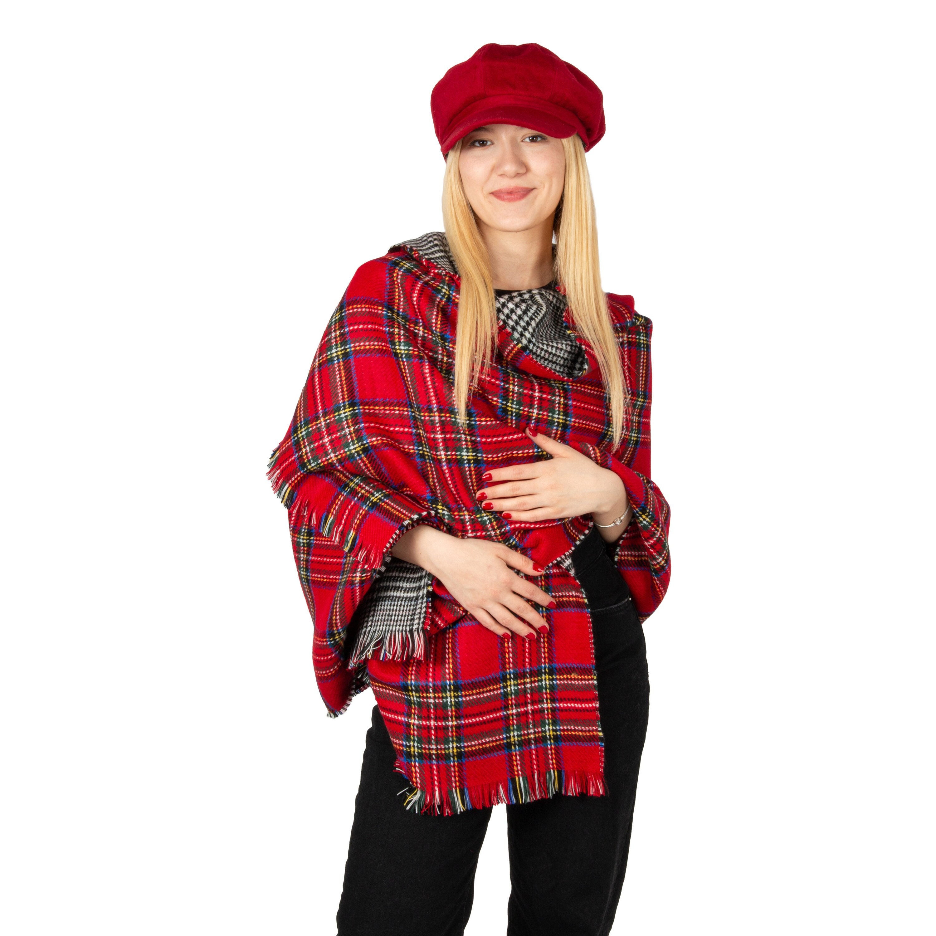 Sciarpa da donna oversize invernale scozzese rossa, scialle invernale, sciarpa coperta double face da donna, scialle di Pashmina caldo invernale, rega